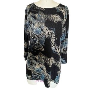 JM Collection Floral Print Liquid Knit Tunic Top Black Blue Size Med Stretchy